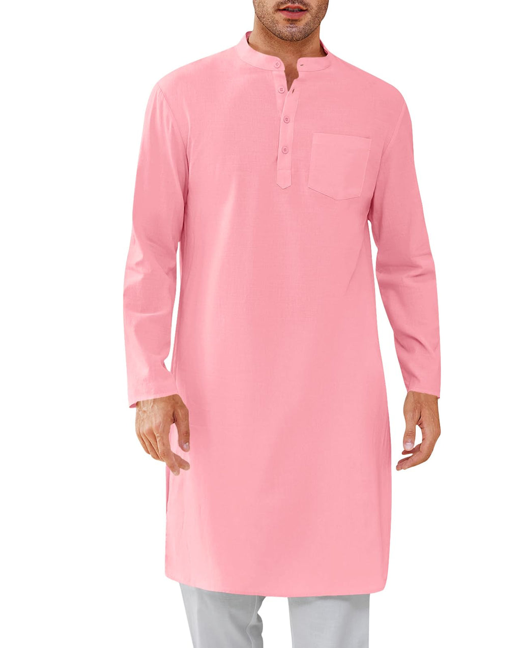 Gafeng Mens Kaftan Robe Button Down Long Sleeve Henley Cotton Thobe Casual Side Split Gown Shirt