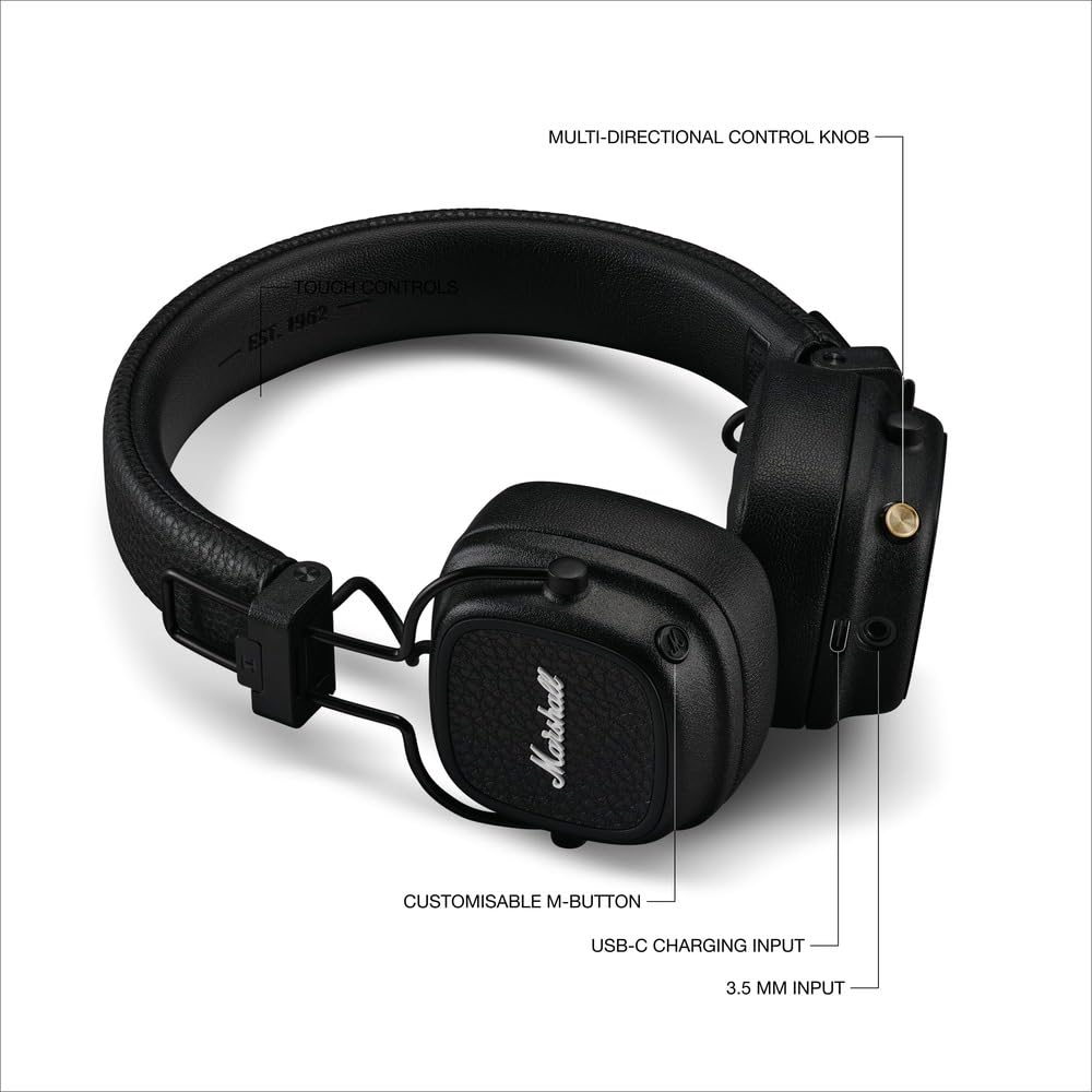 Marshall Major V Wireless On-Ear Bluetooth Headphones - 100+ Hr Playtime | Detachable Audio Cable | Microphone for Calls | Lightweight, Foldable Design for Travel - Black