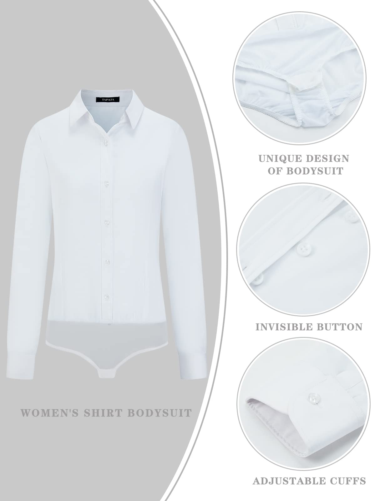 Tapata Womens Bodysuit Blouse Button Down One-Piece Long Sleeve Solid Office Work Shirt Casual Tops