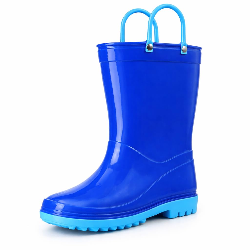 Puddle Play Toddler and Kids Waterproof PVC Rain Boots with Easy-On Handles – Lightweight Slip-Resistant Outdoor Boots for Boys and Girls