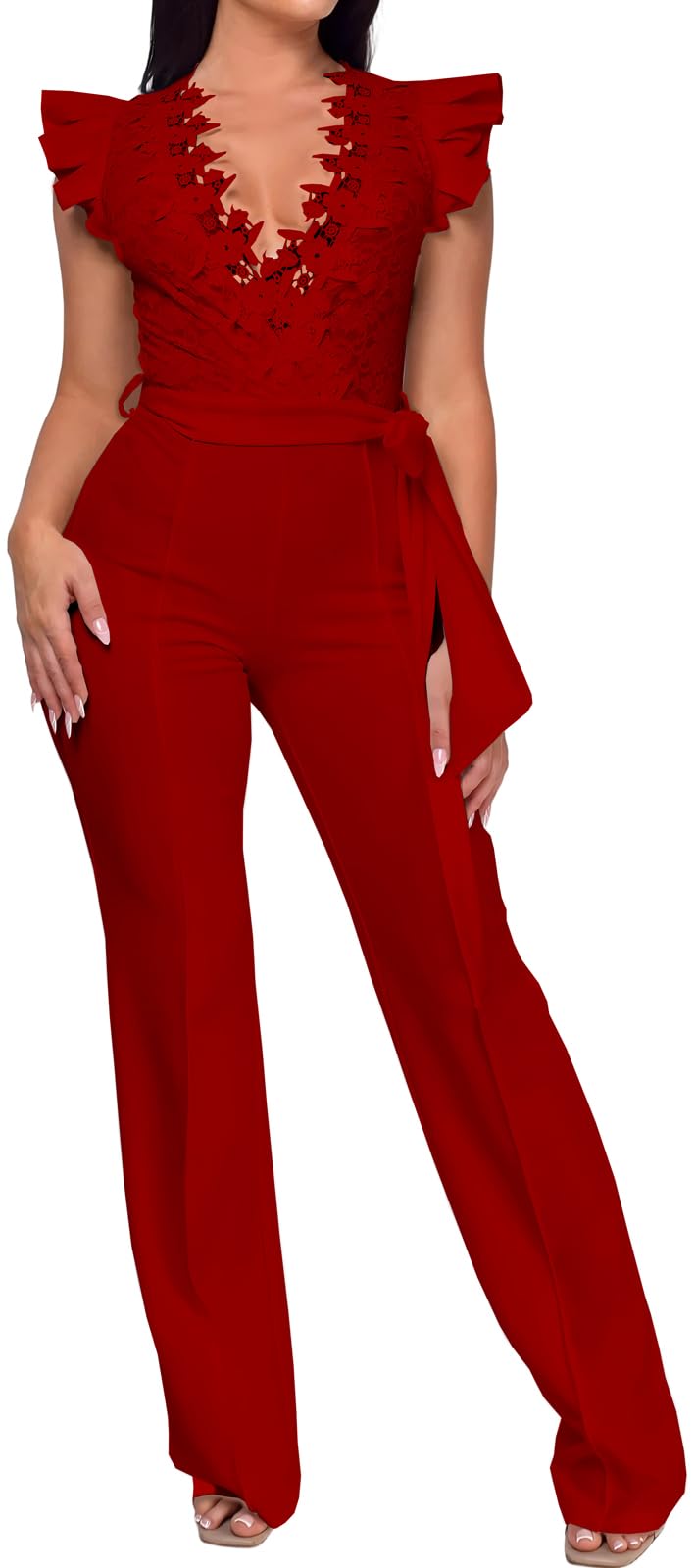 PaladMom Womens Elegant Plus Size Jumpsuits Sexy Back zipper Short Sleeve Mid Waist Wide Leg Straight Rompers