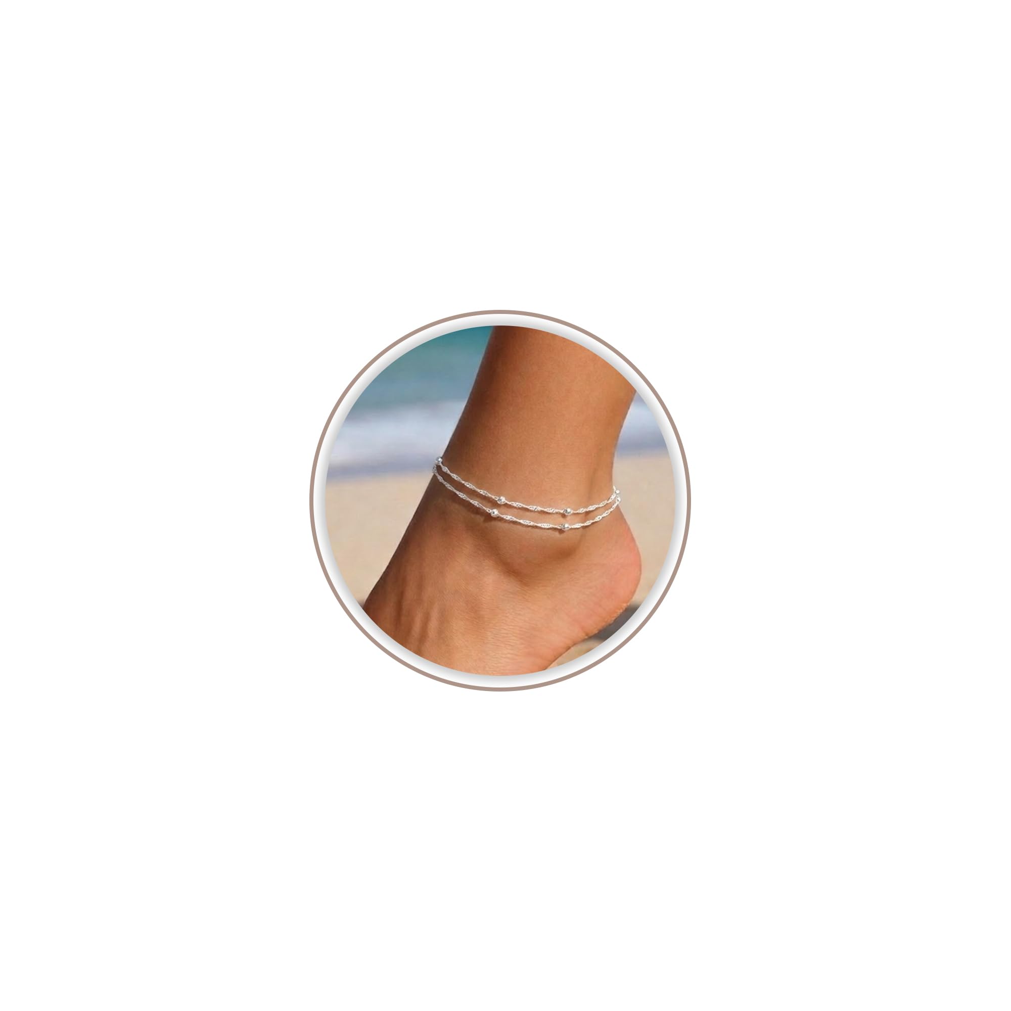 Freekiss Sterling Silver Ankle Bracelets for Women: Dainty Layered Waterproof Anklet for Women Adjustable Womens Anklet Set Stackable Figaro Beaded Cuban Link Anklets Beach Jewelry for Women