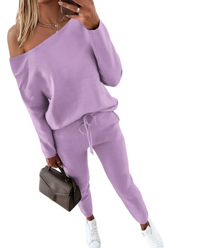 CHICME Women Tracksuit Fall 2 piece Outfits Off The Shoulder Long Sleeve Tops and Pants Set Travel Outfits