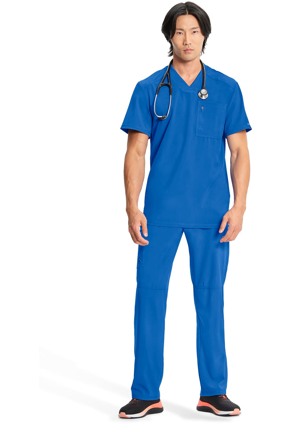 Cherokee Infinity Mens Tuckable V-Neck Scrub Top Modern Fit, 2 Pockets, Zip Chest Pocket, Rib-Knit, 360° Stretch – CK910A
