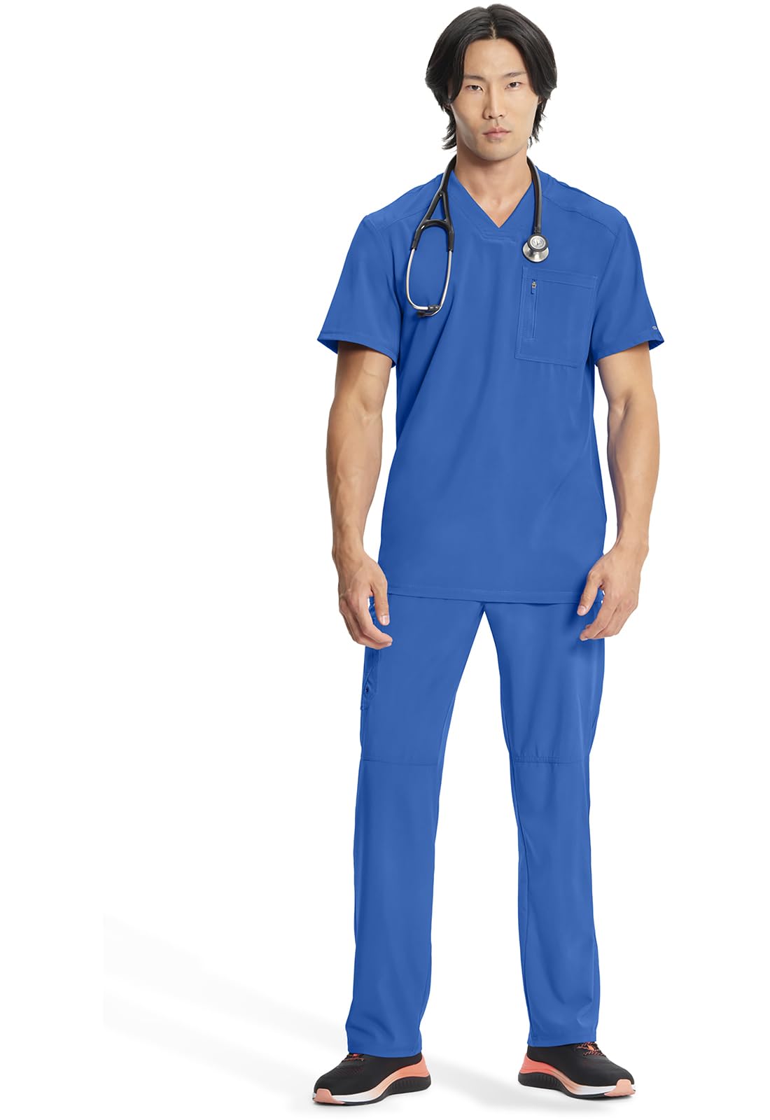 Cherokee Infinity Mens Tuckable V-Neck Scrub Top Modern Fit, 2 Pockets, Zip Chest Pocket, Rib-Knit, 360° Stretch – CK910A