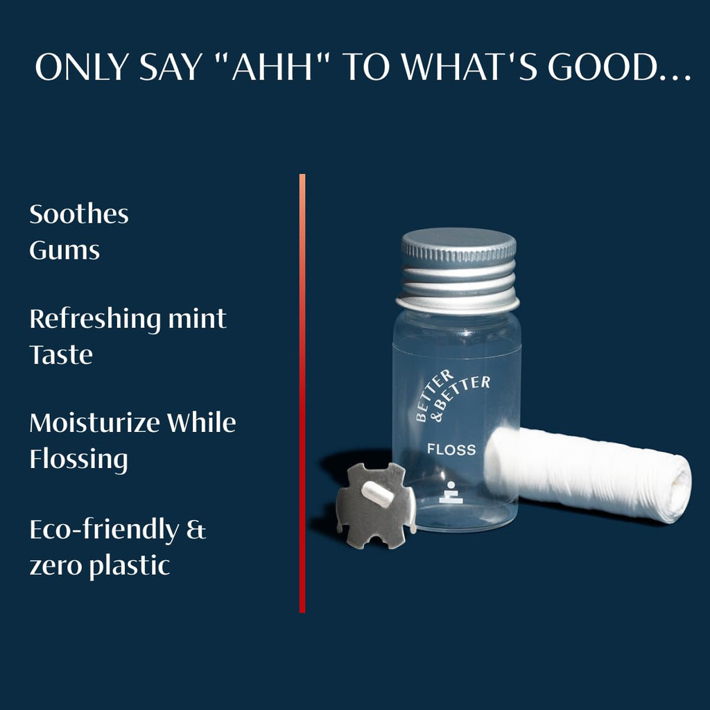 Better & Better Natural Floss in Refillable Glass Jar | Waxed & Zero Plastic Oral Care - 100% Plant-Based, Vegan, Eco and Non Toxic Dental Floss, 1 Spool