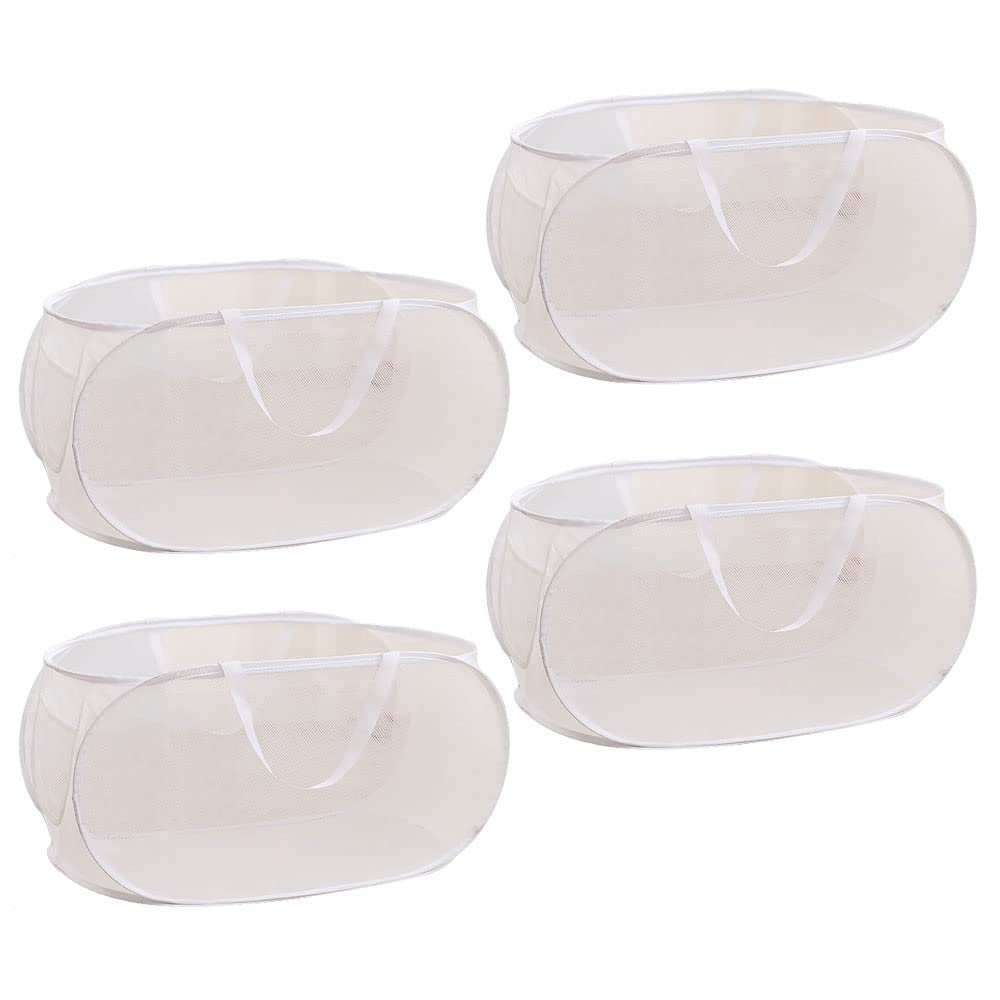 4Pcs Beige Canvas Laundry Hamper, Foldable Pop-up Mesh Basket, Large Capacity, Opening Design, Side Storage Bag, Versatile Use-Home, Camping, Dorm, Hotel, Travel
