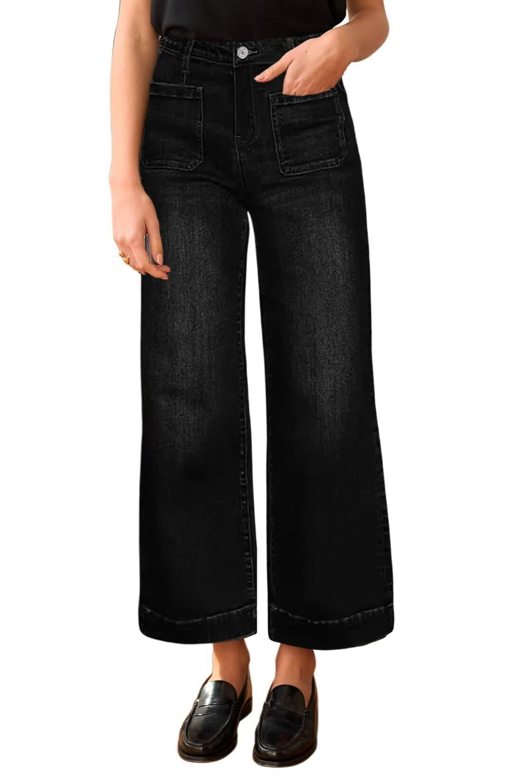 Allimy Women's High Waisted Cropped Wide Leg Jeans Stretchy Loose Denim Pants with Front Patch Pockets