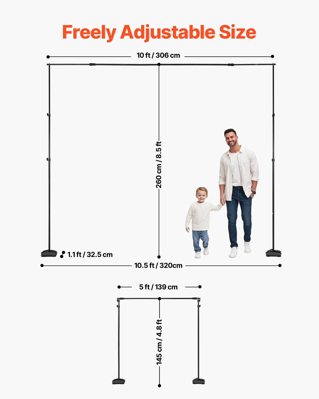 VEVOR Backdrop Stand, 5 x 6.5 ft Adjustable Photo Backdrop Stand Kit, Portable Background Backdrop Stand with 3 Crossbars, Heavy Duty Projector Screen Stand, for Wedding, Photo Video Studio & Party