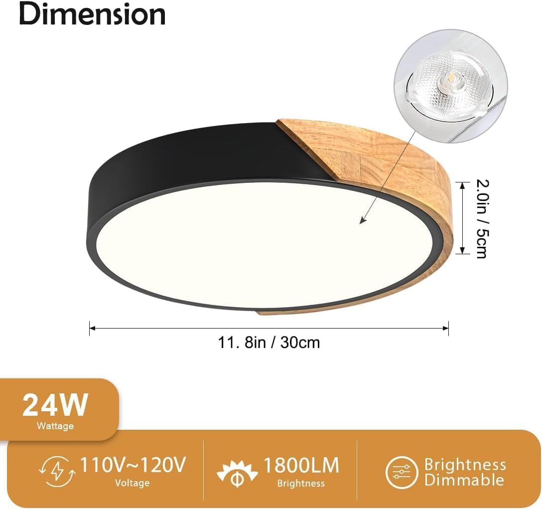 Modern LED Ceiling Light, Minimalist Wood Dimmable Flush Mount Ceiling Light Fixture, Round 5CCT Lighting Lamp with Acrylic Lampshade for Bedroom Hallway Kitchen Laundry, Black 11.8"
