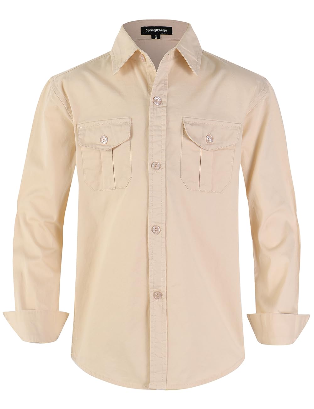 Spring&Gege Boys' Long Sleeve Button Down Shirt for Kids Woven Solid Two Pockets