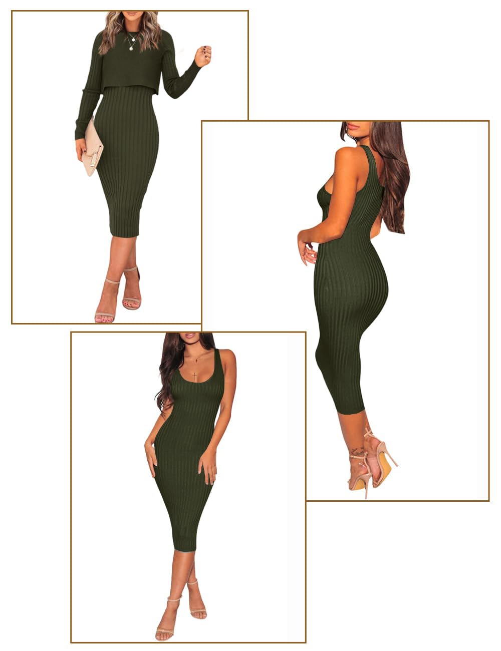 Ezbelle Women's Long Sleeve Sweater Dresses 2 Piece Outfits Sets Ribbed Knit Crop Tops and Tank Bodycon Midi Dress