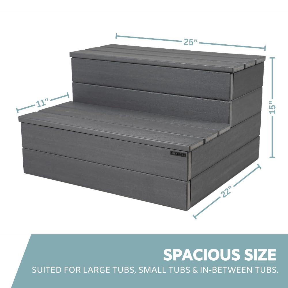 DENKOE Hot Tub Steps - Wood Looking Plastic - 100% Waterproof - Brown Non Slip, Heavy Duty, Multi Use as Porch Steps, Hot Tub Stairs, Outdoor Stairs, Fits Any Spa Size