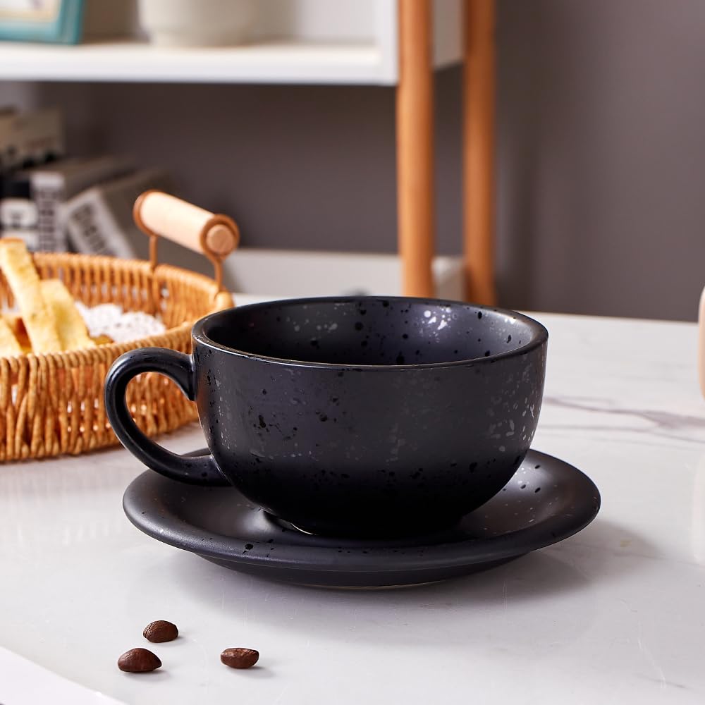 Coffeezone Vintage Design 12 oz Ceramic Latte Art Cappuccino Barista Cup with Saucer (Beige)