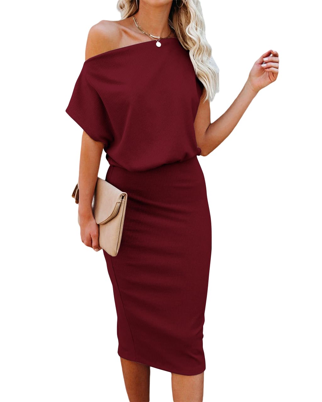 EZBELLE Women's Summer Dress Off The Shoulder Short Sleeve Ribbed Casual Party Bodycon Midi Dresses