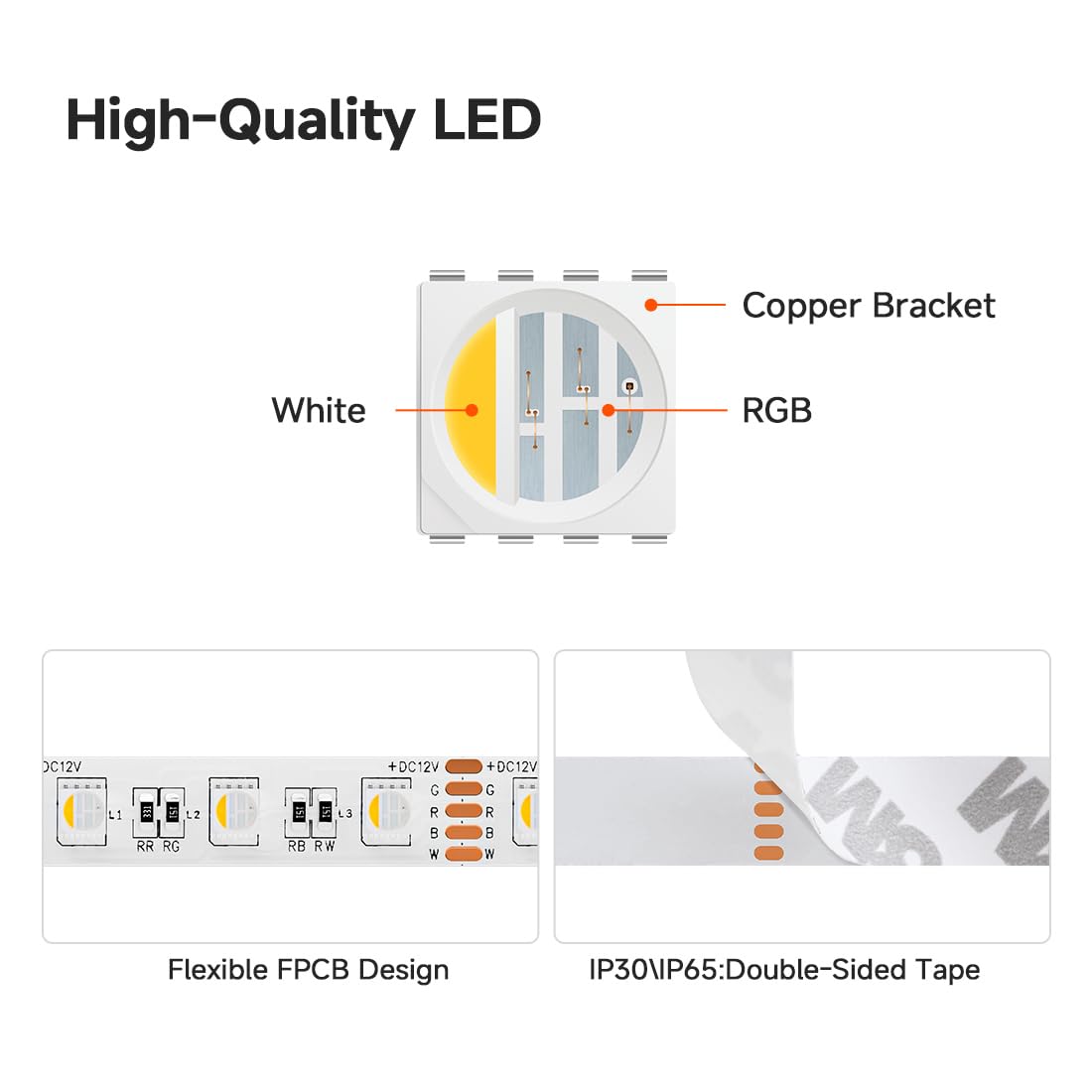 BTF-LIGHTING RGBW LED Strip Lights,UL Listed,5050 4 Colors in 1 RGB + 2700K-3000K Warm White,12V DC,16.4ft/5m 60LEDs/m 12mm White PCB, IP30 for Home Decoration(No Adapter or Controller)