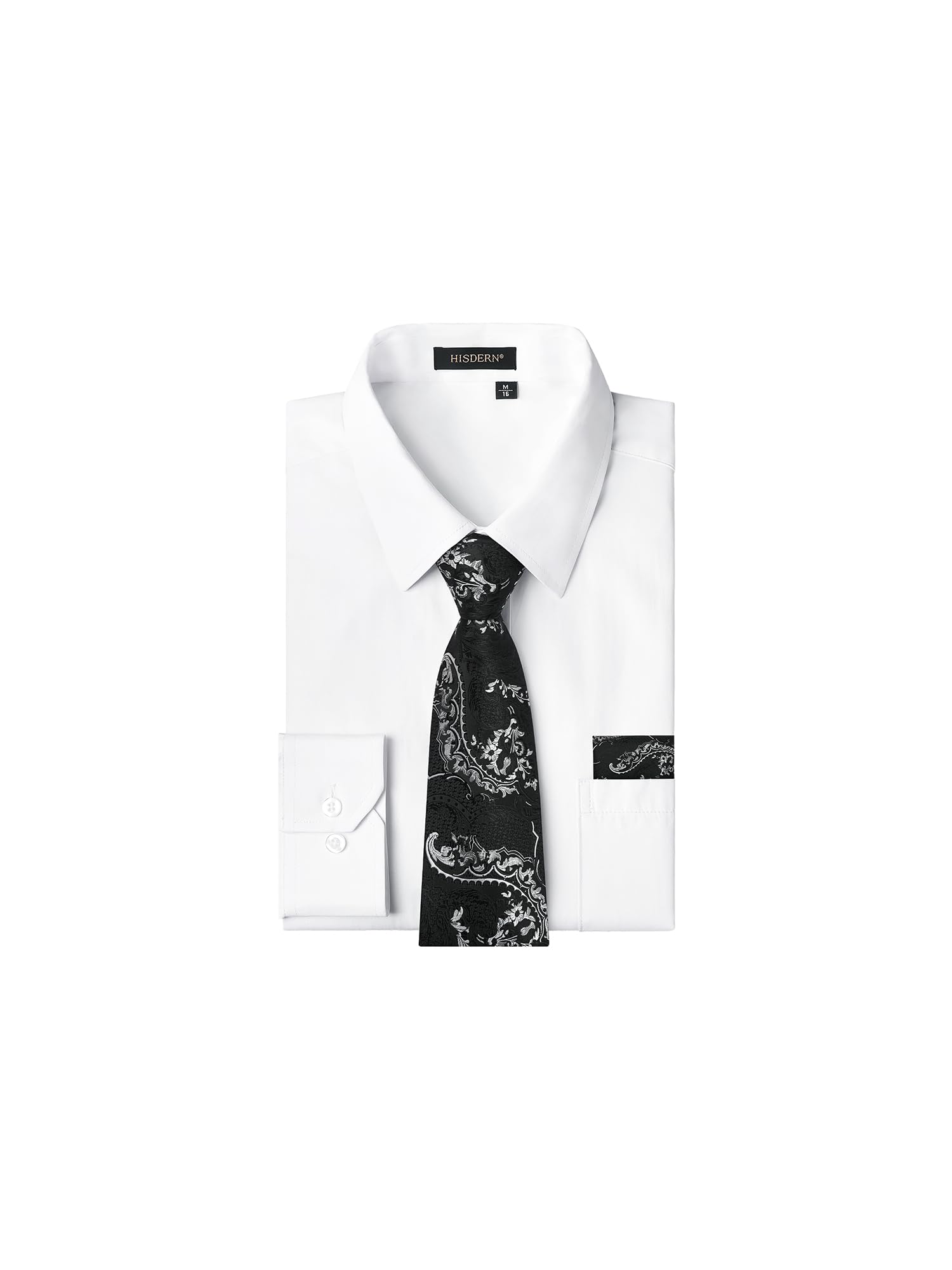HISDERN 503 Mens Dress Shirt Slim Fit Long Sleeve Button Down Wrinkle Free Set with Tie Pocket Square Formal Business Wedding