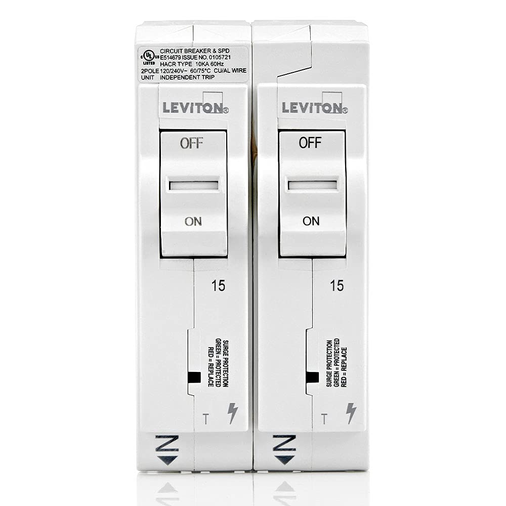 Leviton Surge Protective Device with Two 15A 1-Pole Plug-On Standard Branch Circuit Breakers, Hydraulic Magnetic, 120/240 VAC, LSPD1, White
