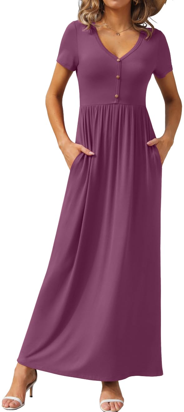 GRECERELLE Womens Summer Long Maxi Dresses 2026 Short Sleeve V Neck Casual Button Dress with Pockets