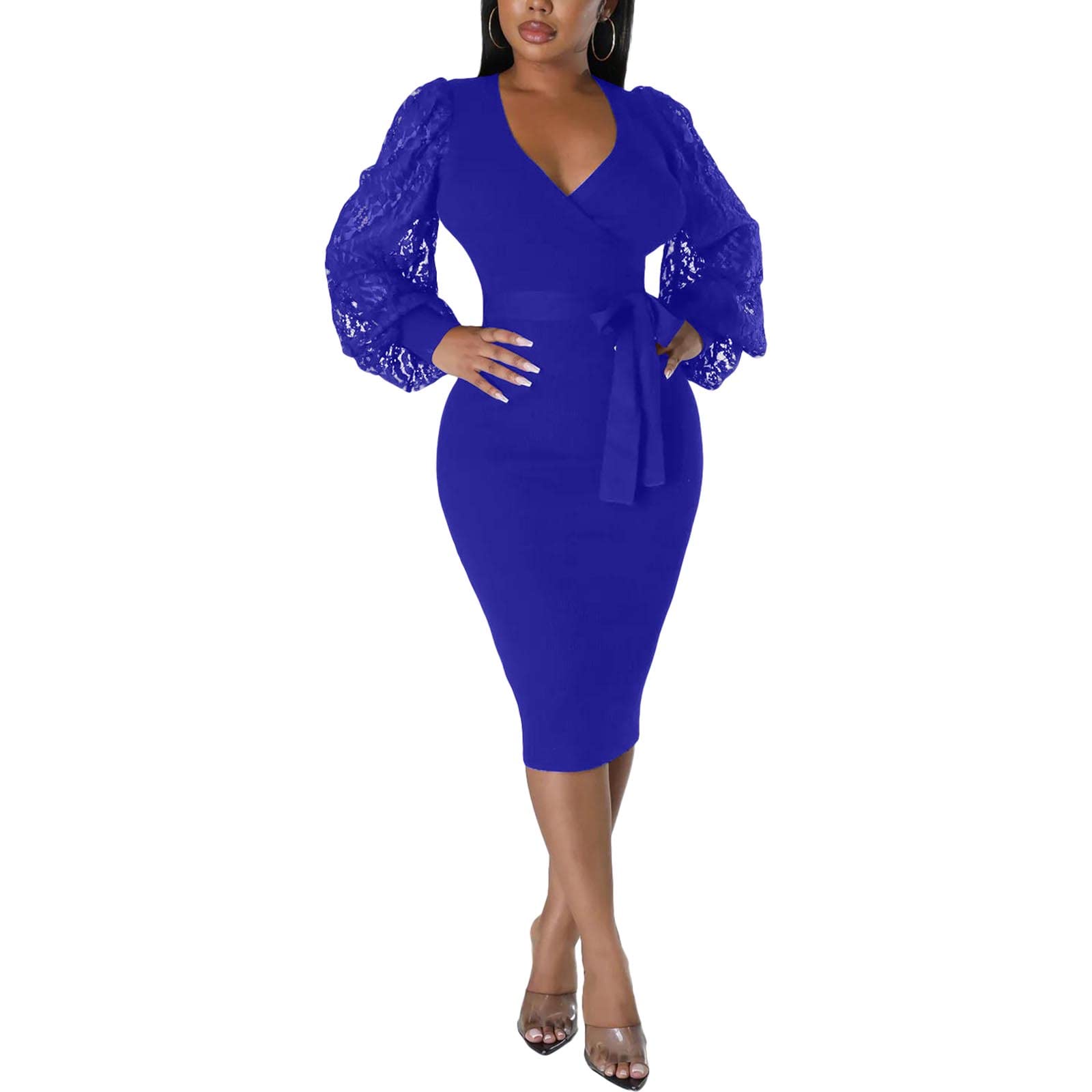 BOGURST Semi Formal Church Dresses for Women Bishop Sleeve Sexy V Neck Bodycon Midi Dresses