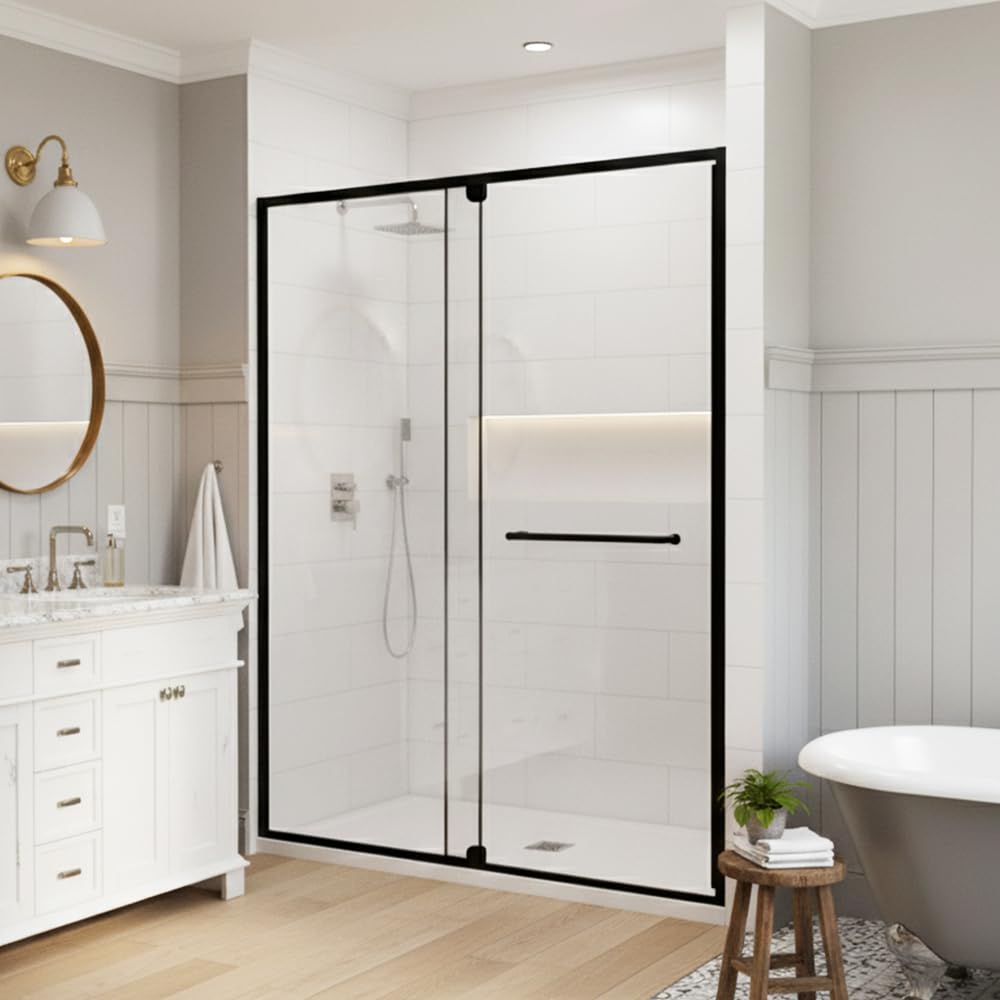 28” x 72” Pivot Shower Door, 1/4 inch Tempered Glass Panel Pivot Swing Shower Door in Matte Black Finish, Semi-Frameless Design
