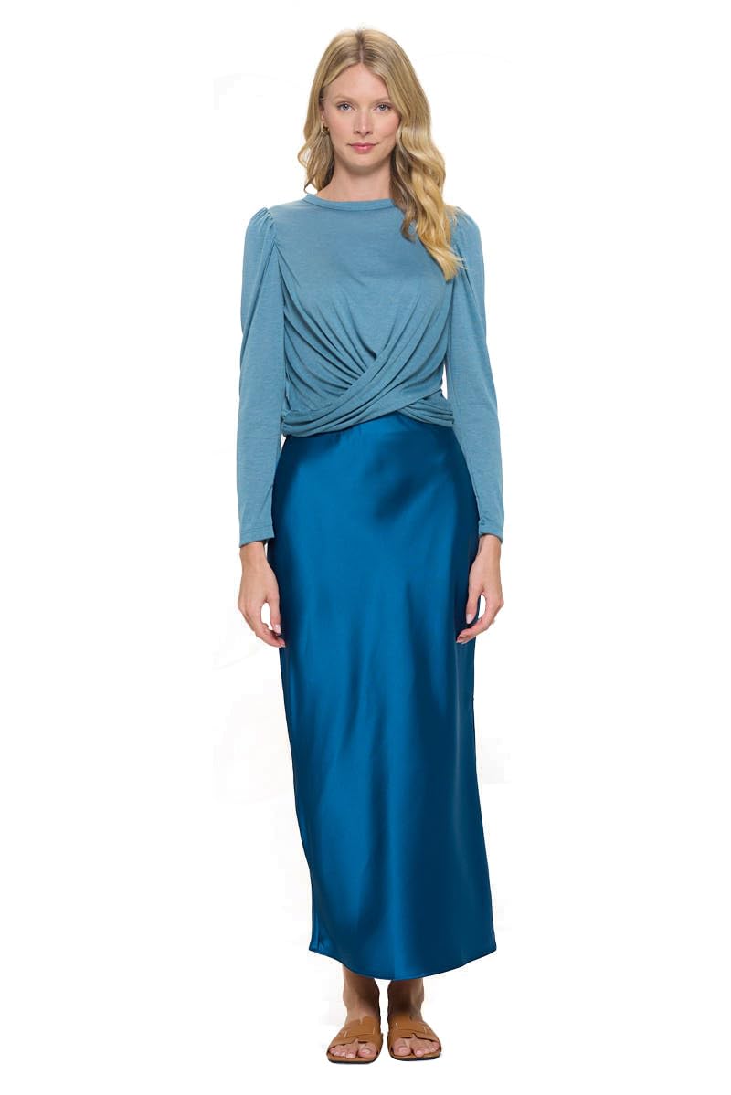 Women's Solid Satin High Waist Midi Long Skirt Hidden Elastic Waistband Skirt for Women-Made in USA