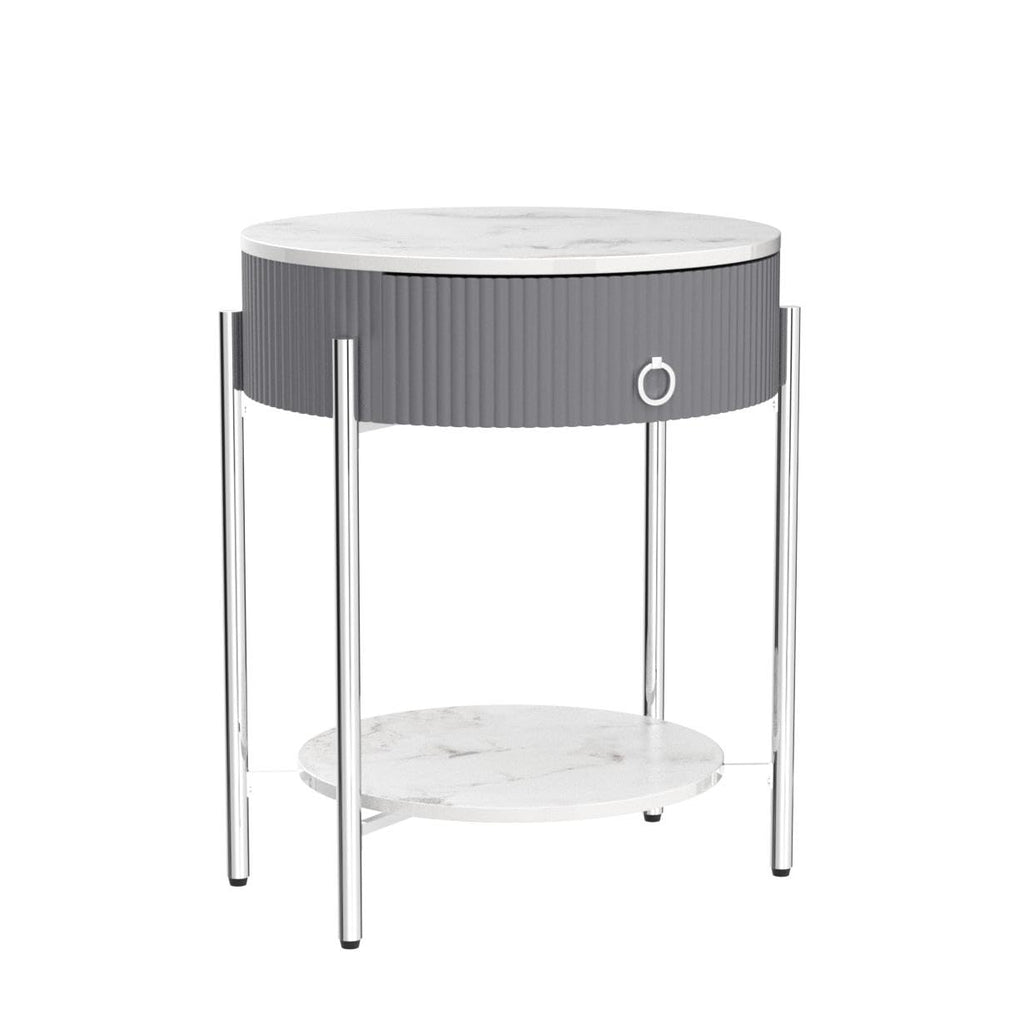 OIOG Modern Side Table with Drawer, Industrial 2 Tier End Table with Shelf, Wood Grain Nightstand with Storage for Living Room, Bedroom, Office, Dorm, Black