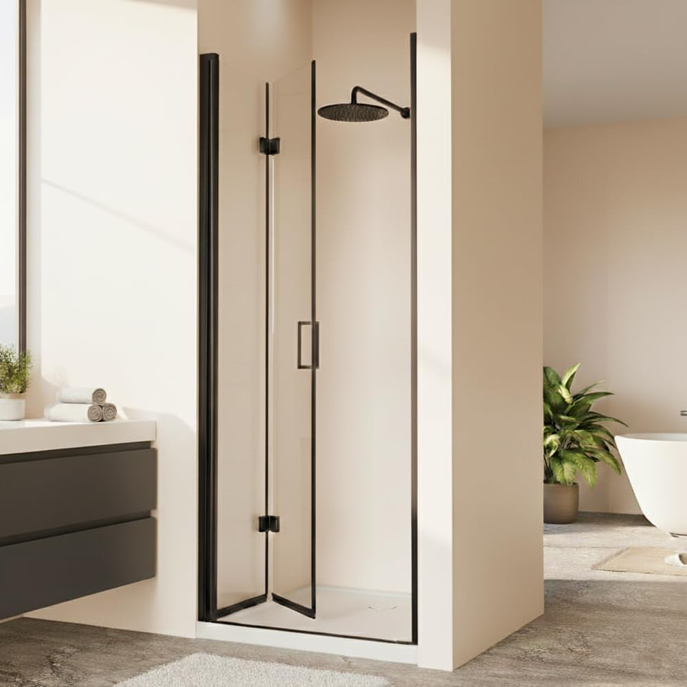 28” x 72” Pivot Shower Door, 1/4 inch Tempered Glass Panel Pivot Swing Shower Door in Matte Black Finish, Semi-Frameless Design