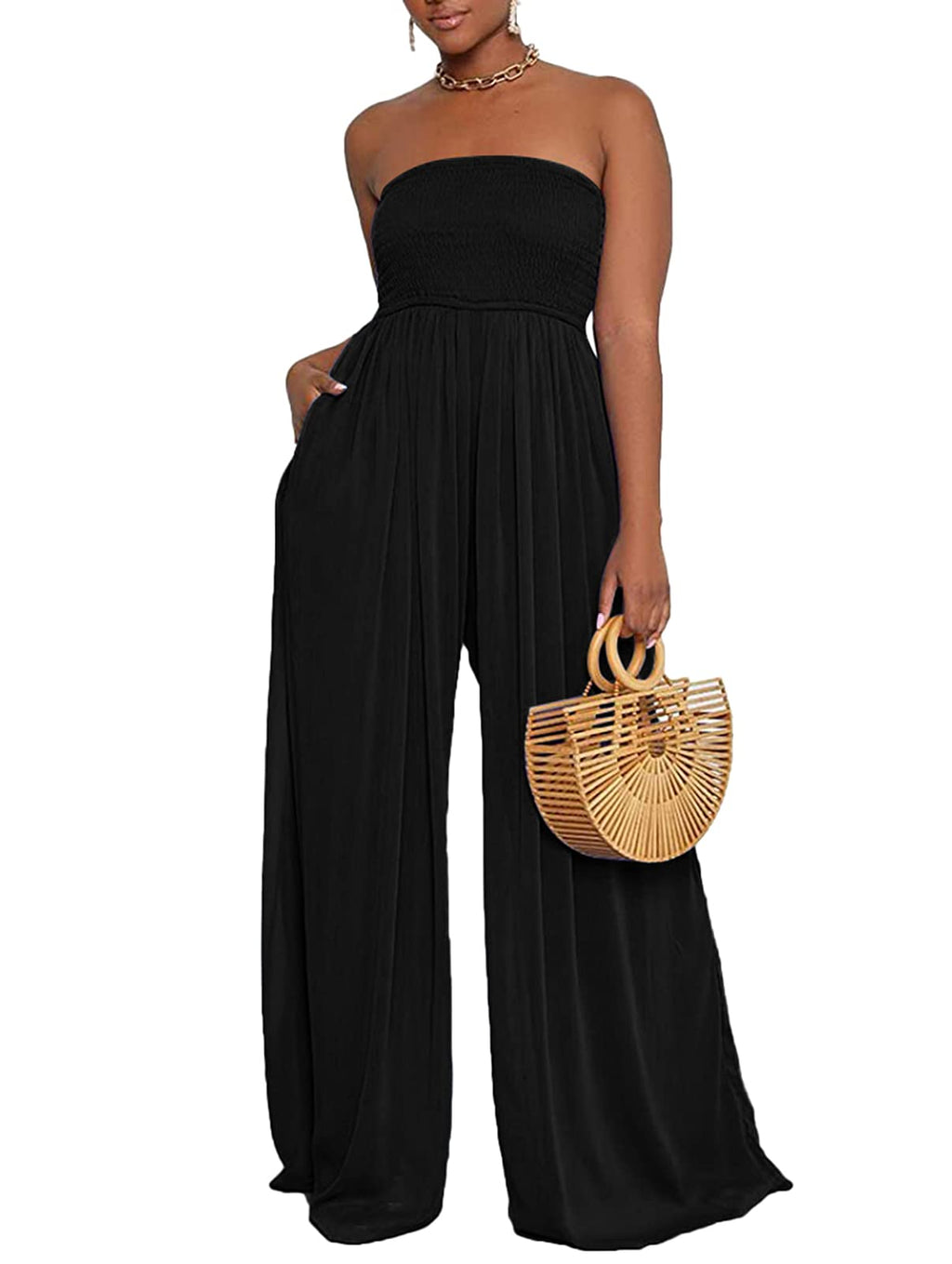 Ophestin Women's Strapless Tube Wide Leg Jumpsuits Smocked Women Jumpsuits Dressy Casual Flowy One Piece Jumpsuits Rompers