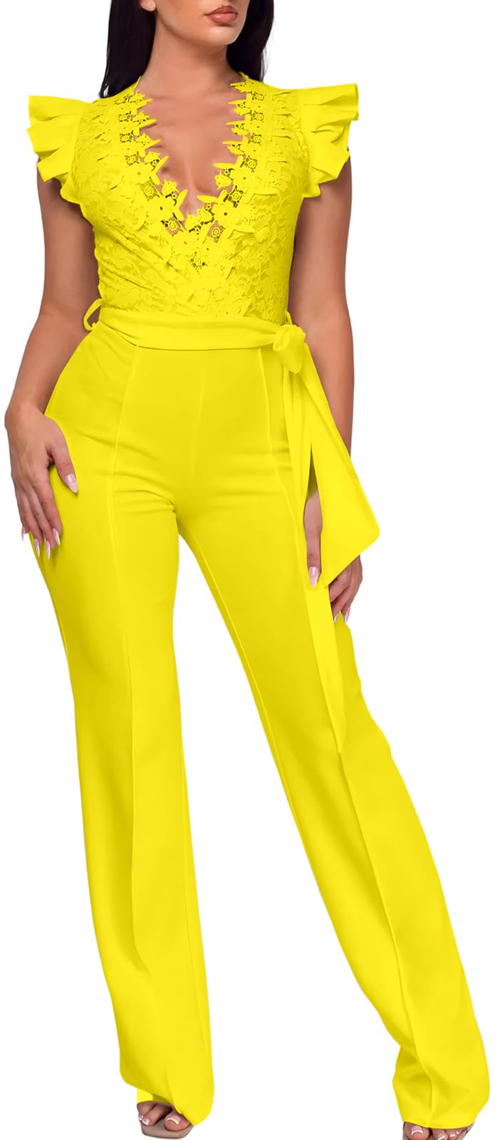 PaladMom Womens Elegant Plus Size Jumpsuits Sexy Back zipper Short Sleeve Mid Waist Wide Leg Straight Rompers