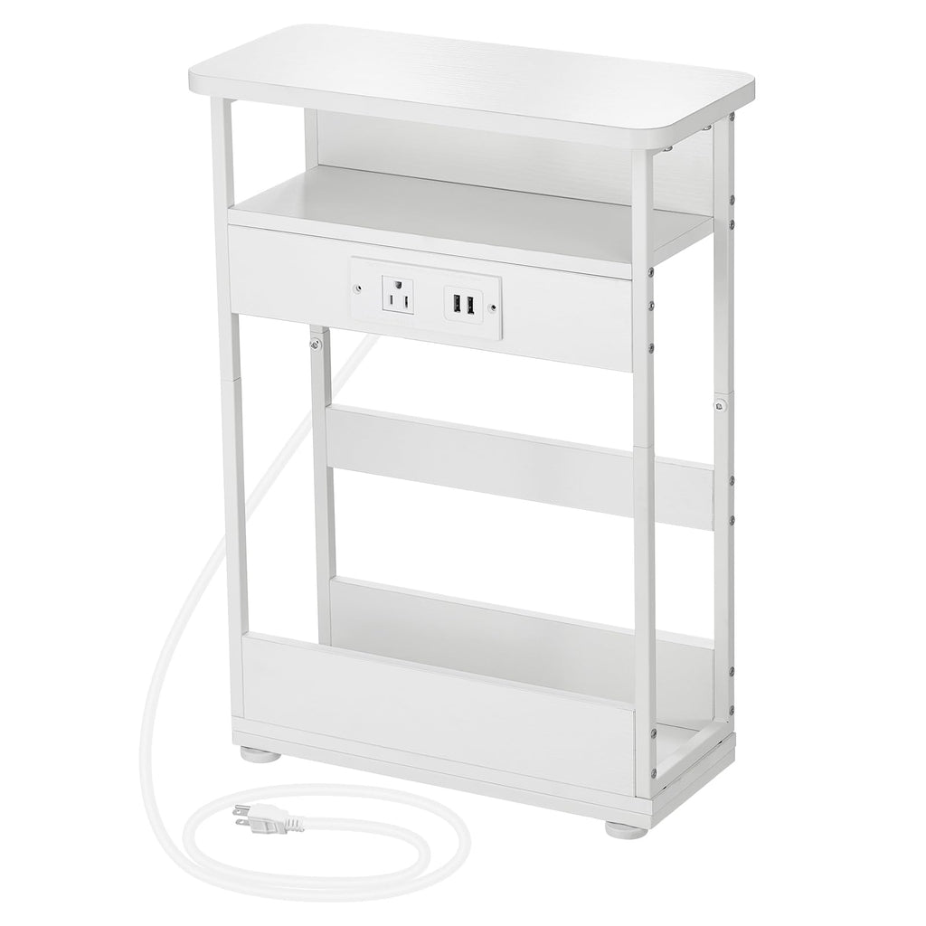 YEAKOO Narrow Side Table with Charging Station, 3-Tier End Table with 2 USB Ports & Power Outlets,Thin Sofa Side Table for Narrow and Small Spaces, Bedside Table Nightstand for Living Room,Black