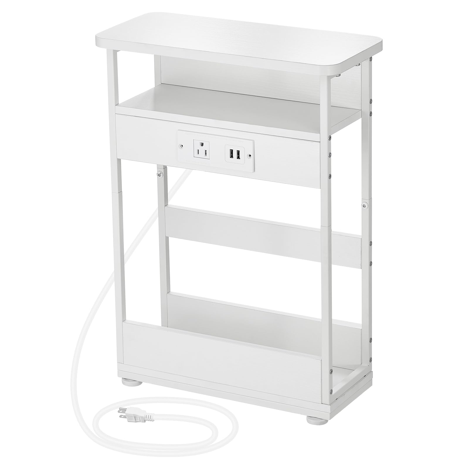 YEAKOO Narrow Side Table with Charging Station, 3-Tier End Table with 2 USB Ports & Power Outlets,Thin Sofa Side Table for Narrow and Small Spaces, Bedside Table Nightstand for Living Room,Black