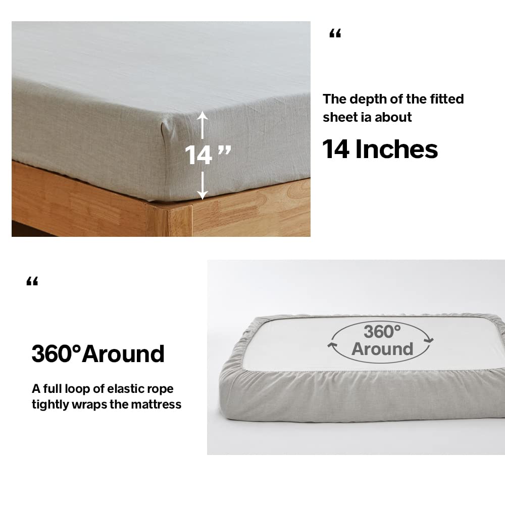 Simple&Opulence 100% Pure Linen Sheet Set Twin Size, Natural French Flax Solid Color 3 Pcs Washed Breathable, Farmhouse Bedding (1 Flat Sheet,1 Fitted Sheet,1 Pillowcase)-Embroidery Dark Grey