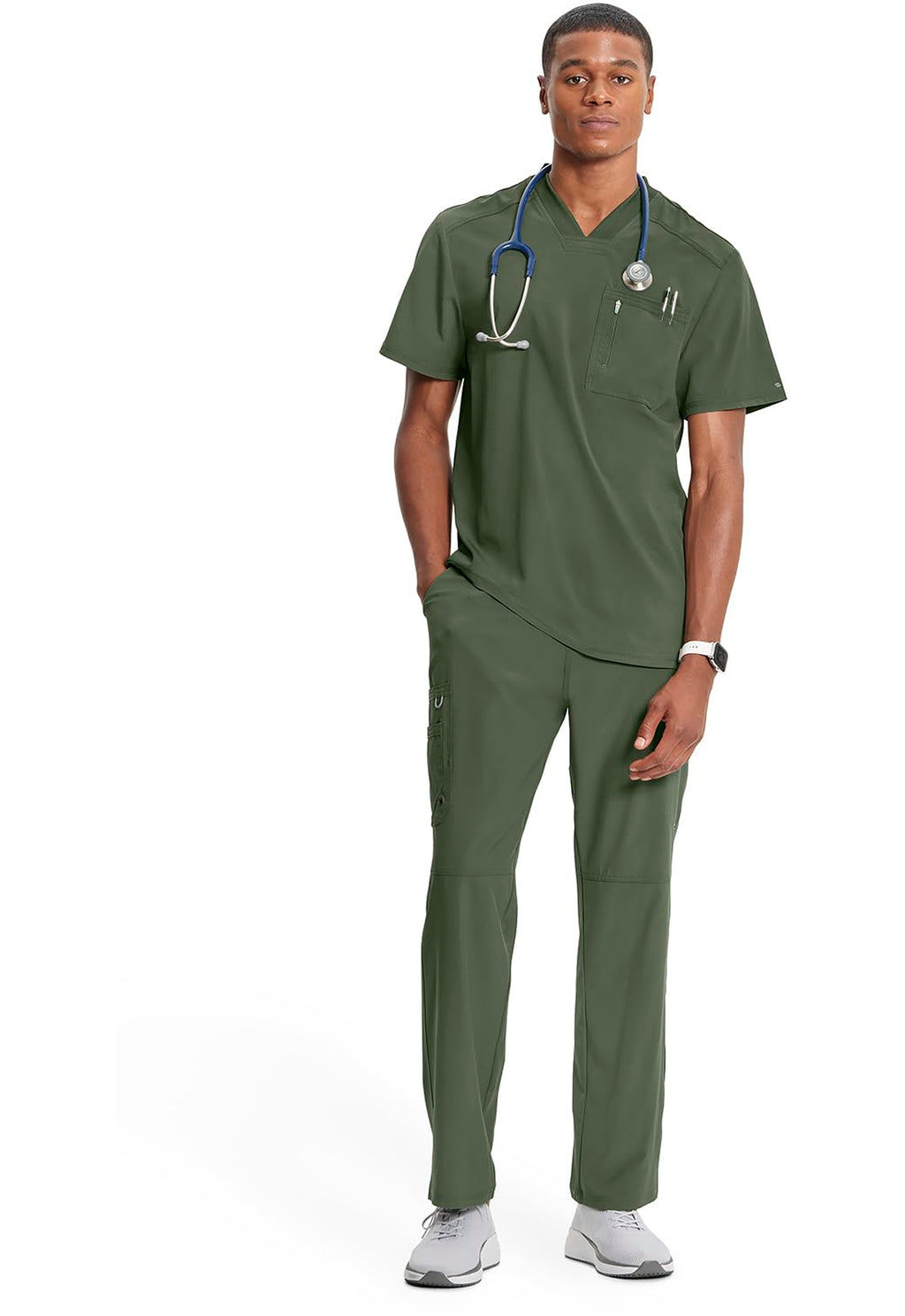 Cherokee Infinity Mens Tuckable V-Neck Scrub Top Modern Fit, 2 Pockets, Zip Chest Pocket, Rib-Knit, 360° Stretch – CK910A