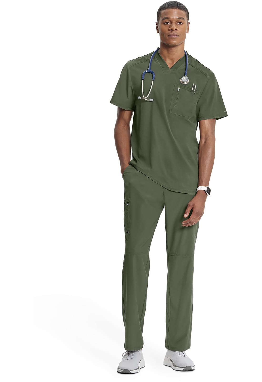 Cherokee Infinity Mens Tuckable V-Neck Scrub Top Modern Fit, 2 Pockets, Zip Chest Pocket, Rib-Knit, 360° Stretch – CK910A