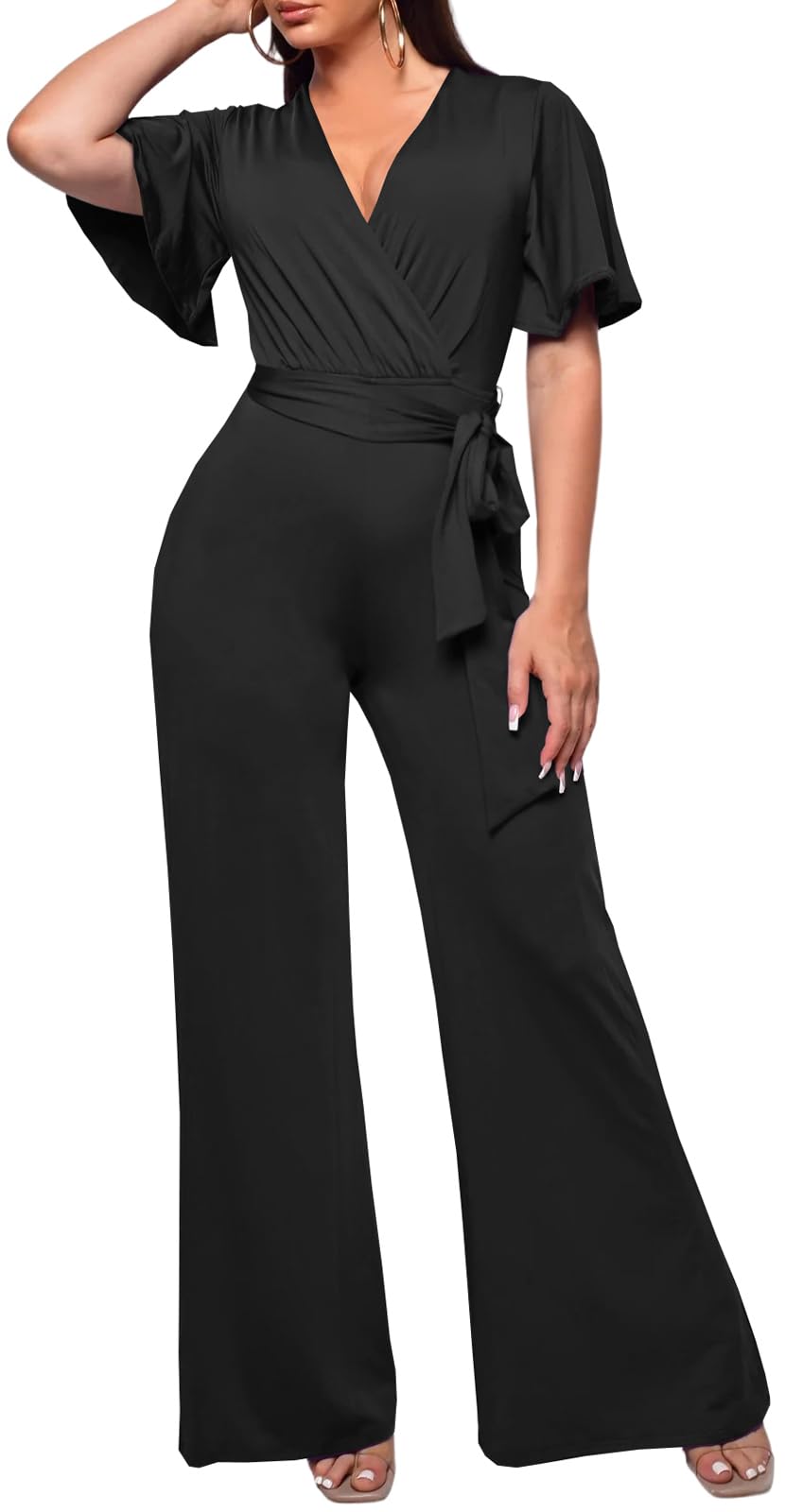 PaladMom Womens Elegant Plus Size Jumpsuits Sexy Back zipper Short Sleeve Mid Waist Wide Leg Straight Rompers