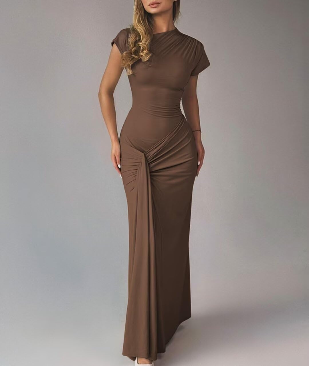 Mojessy Women Bodycon Maxi Dress Sexy Mock Neck Lace Up Bandage Ruched Short Sleeve Long Dress Cocktail Dress