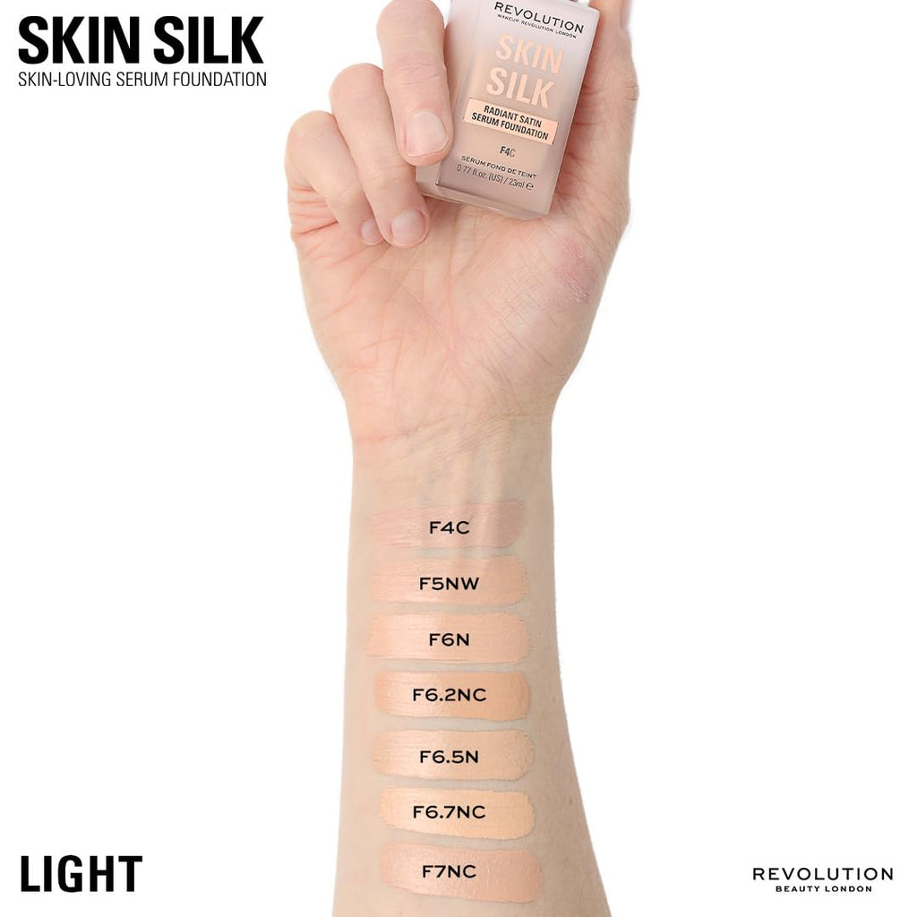 Revolution Skin Silk Radiant Satin Serum Foundation, Buildable Coverage with Hydrating Hyaluronic Acid for a Natural Finish, Vegan & Cruelty-Free, F0.5C Fair Skin Tones, 0.77 fl oz