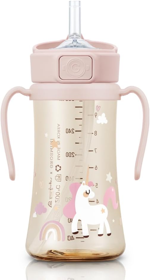 GROSMIMI PPSU Baby Straw Cup Stage 2, 12M+, Spill-Proof, 10oz (Unicorn)