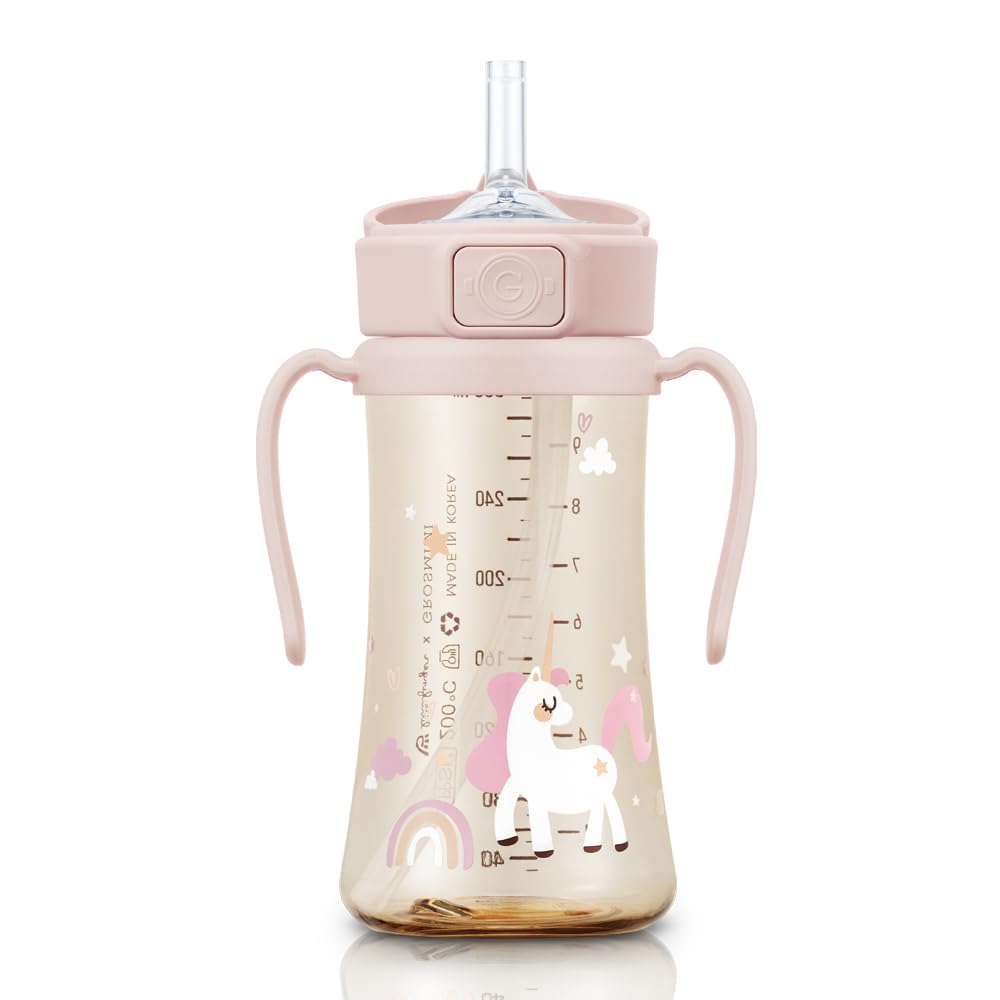 GROSMIMI PPSU Baby Straw Cup Stage 2, 12M+, Spill-Proof, 10oz (Air Balloon)