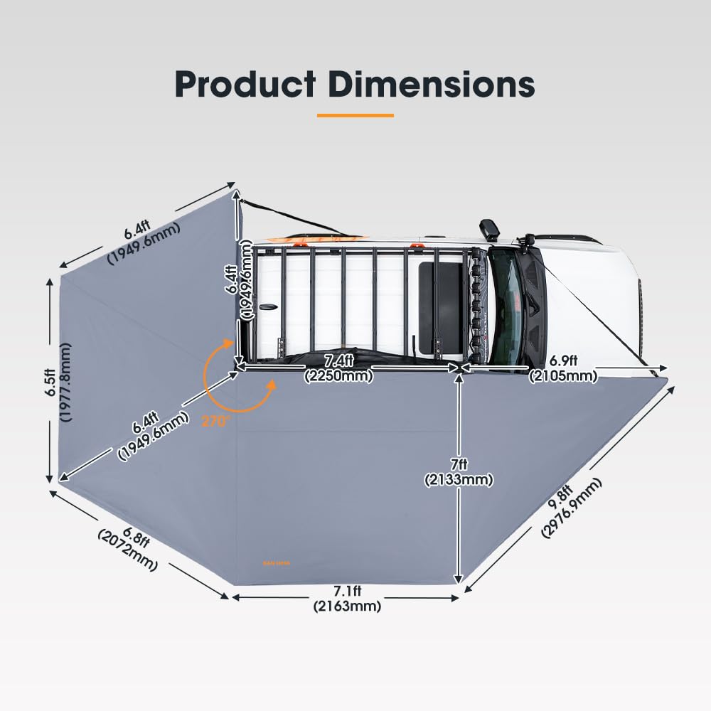 SanHima Vehicle Awning 4.6ft x 6.6ft - Roof Rack Pull Out Side Awning 30ft² Sun Shade UPF50+ Weatherproof for Camping Car SUV Truck Van