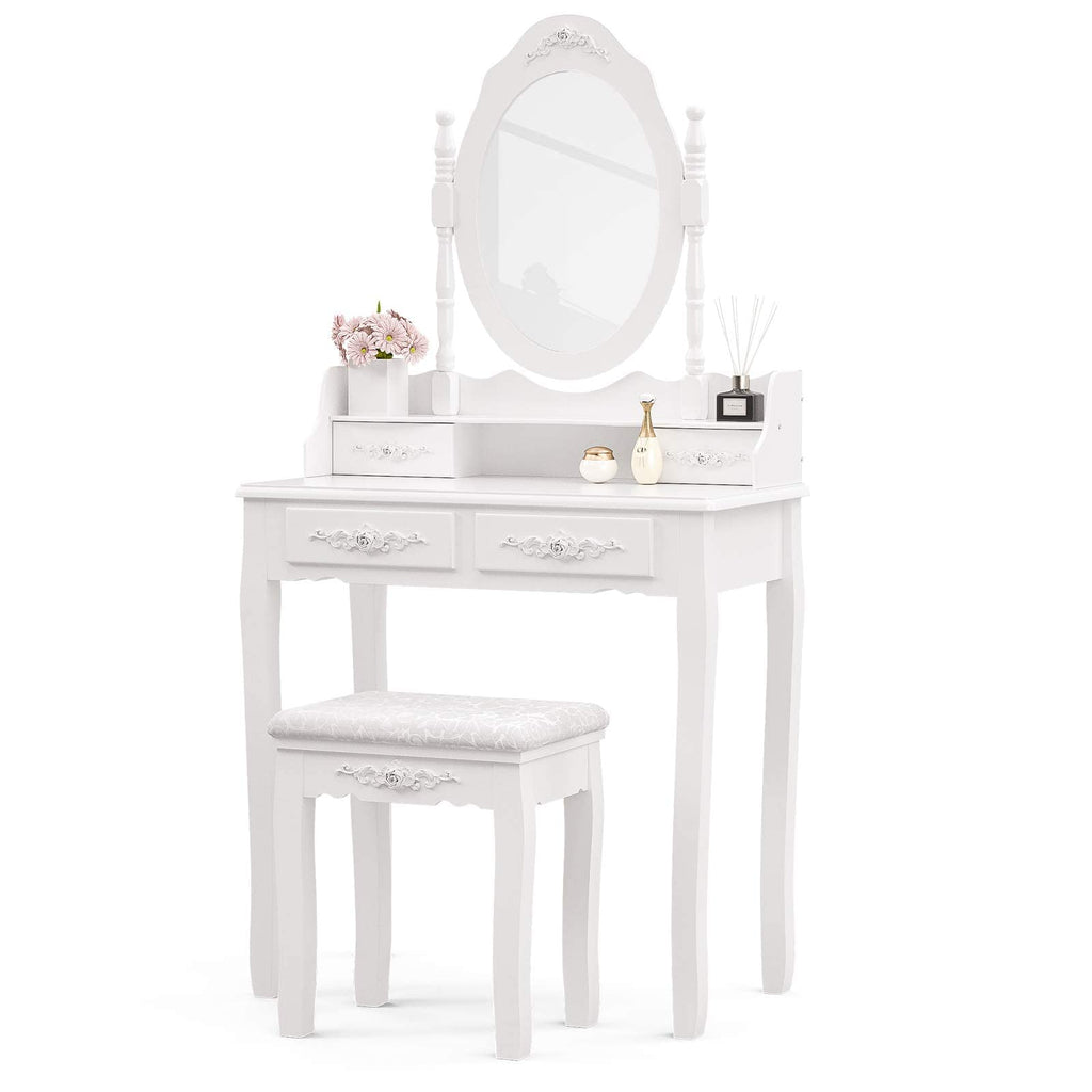 Alohappy Vanity Desk Set with Mirror & Stool for Girls, Makeup Vanity Table and Cushioned Stool Set with 4 Drawers, Wood Dressing Table for Bedroom (Pink)