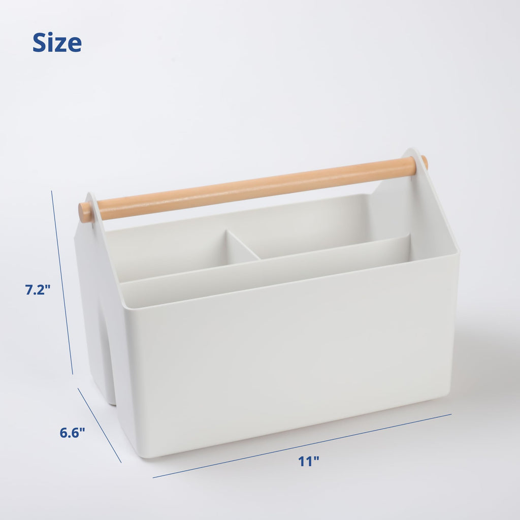 BLUE GINKGO Medium Storage Basket – Plastic Caddy with Wooden Handle for Office, Arts & Crafts, or Home Supplies (Green)