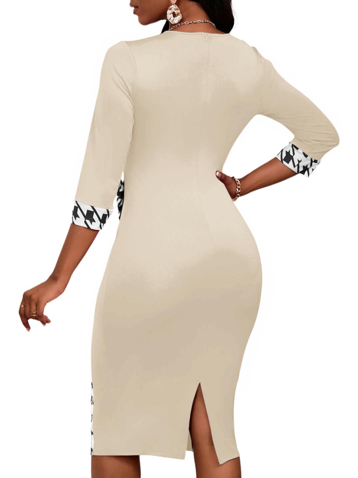 PerZeal Women's 3/4 Sleeve Round Neck Casual Houndstooth Bodycon Wear to Work Pencil Sheath Midi Dresses