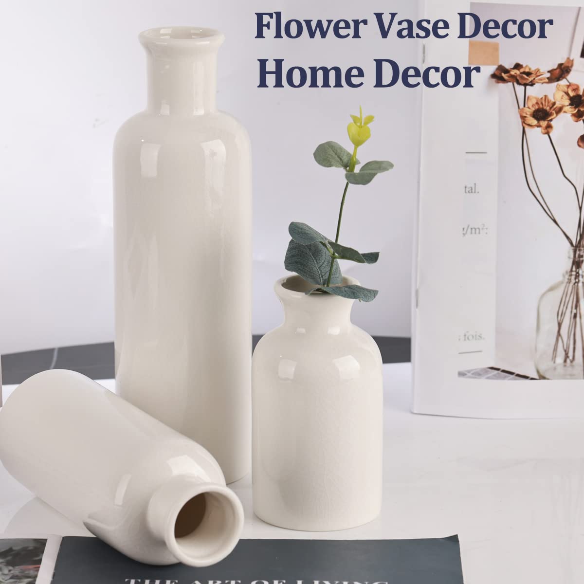 Ceramic Vase Set - 3 Ceramic Small Vases, Farmhouse Country Flower Vase Home Decor, Living Room Decoration, Table Decoration, Fireplace Decor, and Entrance Decorations Centerpieces