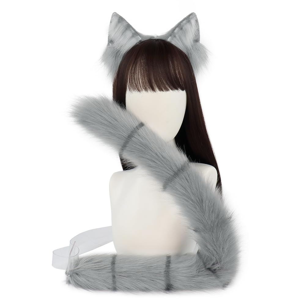 QinRuan Animal Cosplay Costume Accessories Furry Faux Fur Cat Ears Headband and Fox Tail Set Halloween Accessory