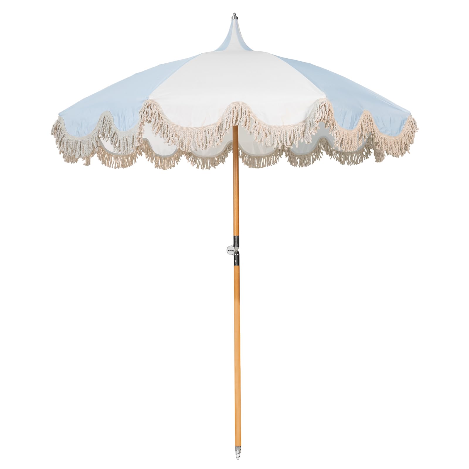 6.5ft Pagoda Beach Umbrella with Fringe, UPF 50+ Boho Umbrellas with Carry Bag, Premium Wood Pole Foldable Tassel Umbrella for Outdoor Garden Lawn Pool Yard Table