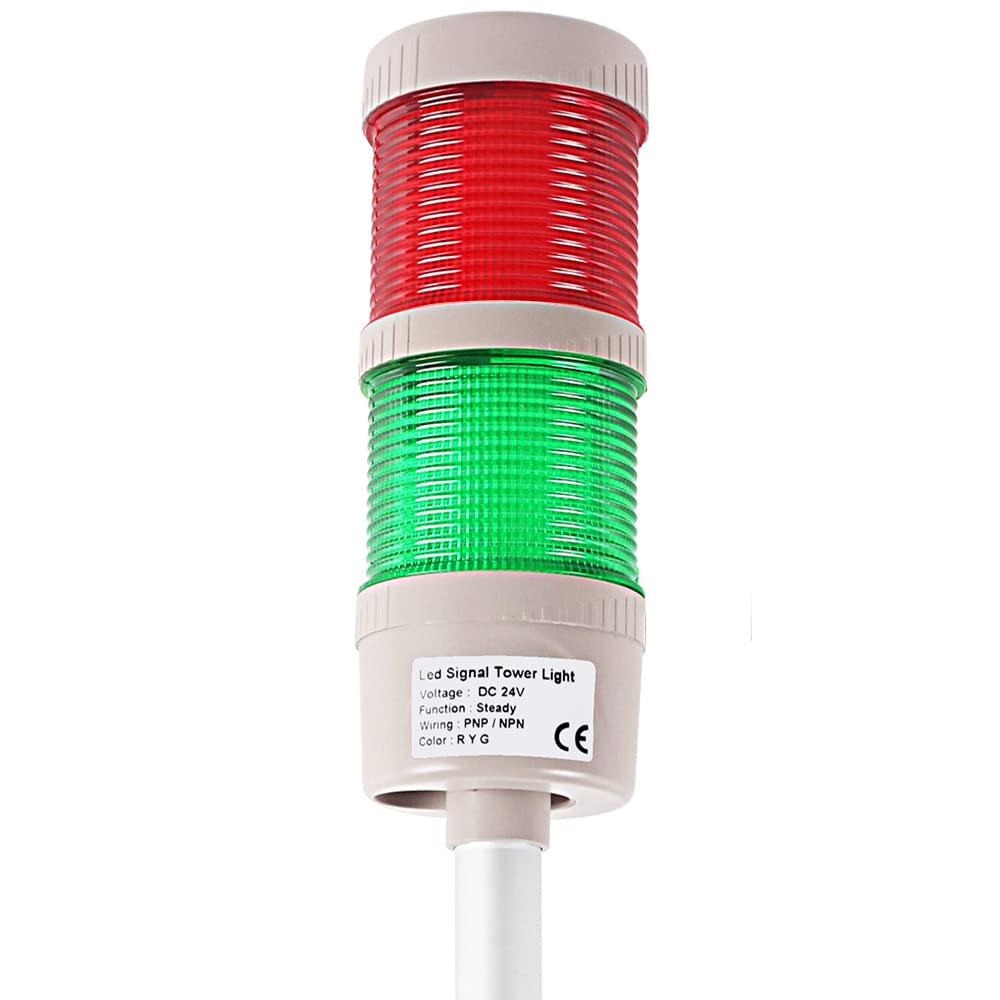 2-Stack LED Andon Tower Light with Buzzer | Industrial Warning Signal, Red/Green,On/Off or Flash, ABB Switch, Mean Well 120V-24V Adapter, Plug-and-Play