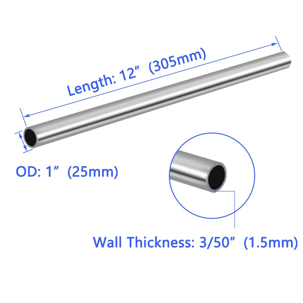 1" OD 304 Stainless Steel Tube, Thickened Pipe Wall & Weldable Tubing, Round Metal Pipe Industrial Straight Tube 10 inch Length (2 Pcs)