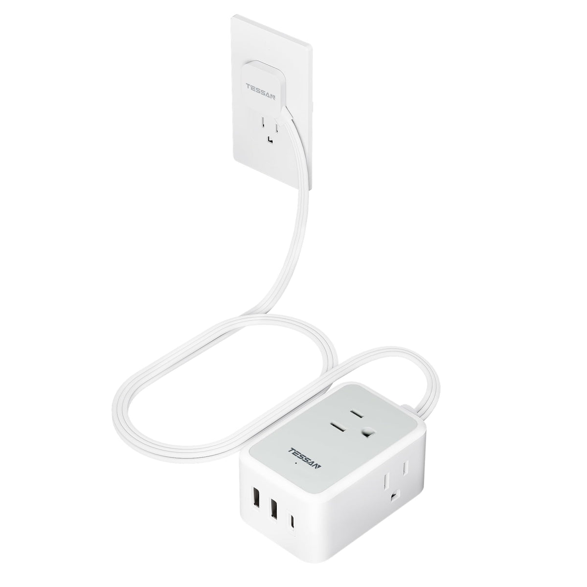 TESSAN Small Flat Plug Power Strip, Ultra Thin Extension Cord 5 ft, 3 AC Outlets with 3 USB Ports (1 USB C), Multiple Wall Outlet Extender for Cruise Travel Office School Dorm Room Essentials, Black